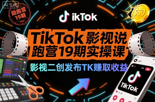 TikTok影视解说陪跑营19期实操课，影视二创发布TK賺取收益，万播收益50美金-迟之资源