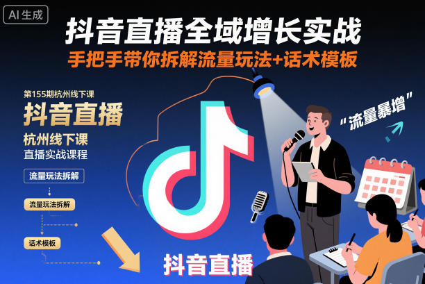 抖音直播全域增长实战第155期杭州线下课，手把手带你拆解流量玩法+话术模板-迟之资源