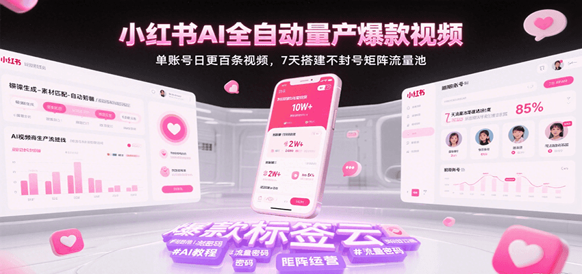 小红书AI全自动量产爆款视频，单账号日更百条视频，7天搭建不封号矩阵流量池-迟之资源